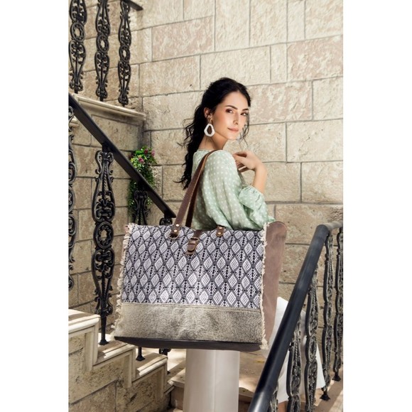 Myra Bag Handbags - Myra Bag Handmade Lunar Weekender Tote Bag Upcycled Canvas & Cowhide Lea…